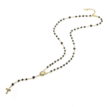 Collana Rosario Tau pendente con San Francesco e Madonna in oro e zirconi con decina di grani in onice