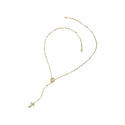 Gold rosary necklace with hanging Tau cross, zirconia, beads and miracolous medal