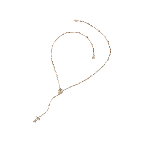 Gold rosary necklace with hanging Tau cross, zirconia, beads and miracolous medal
