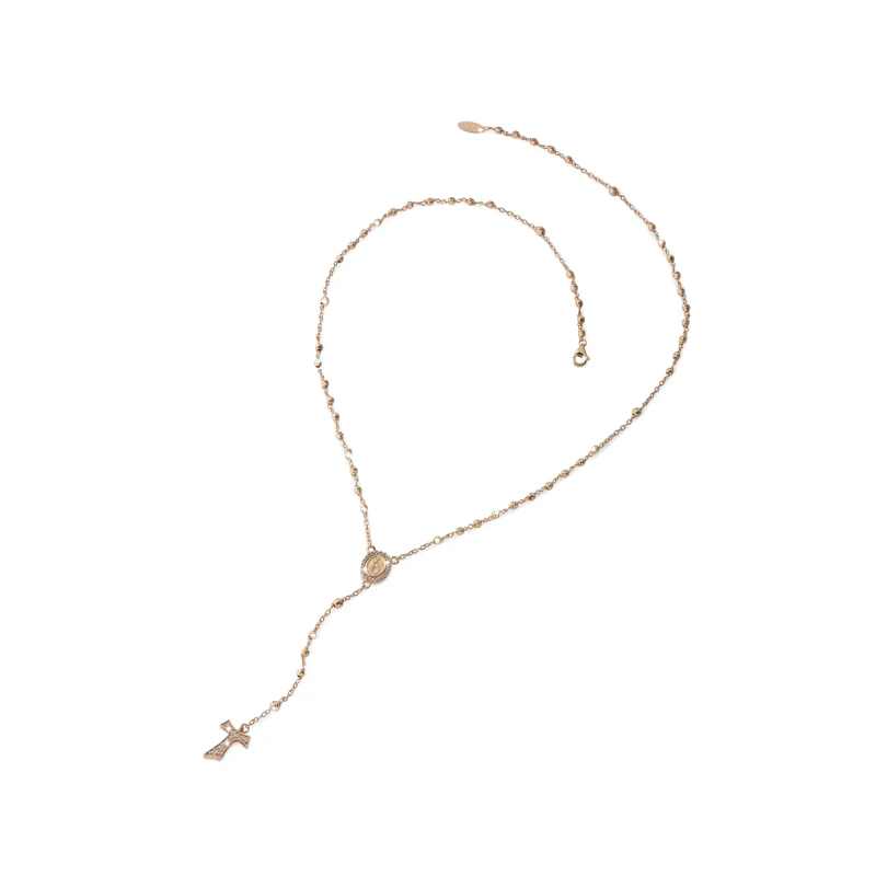 Collana Rosario Tau pendente con San Francesco, Madonna, diamanti e decina di grani in oro