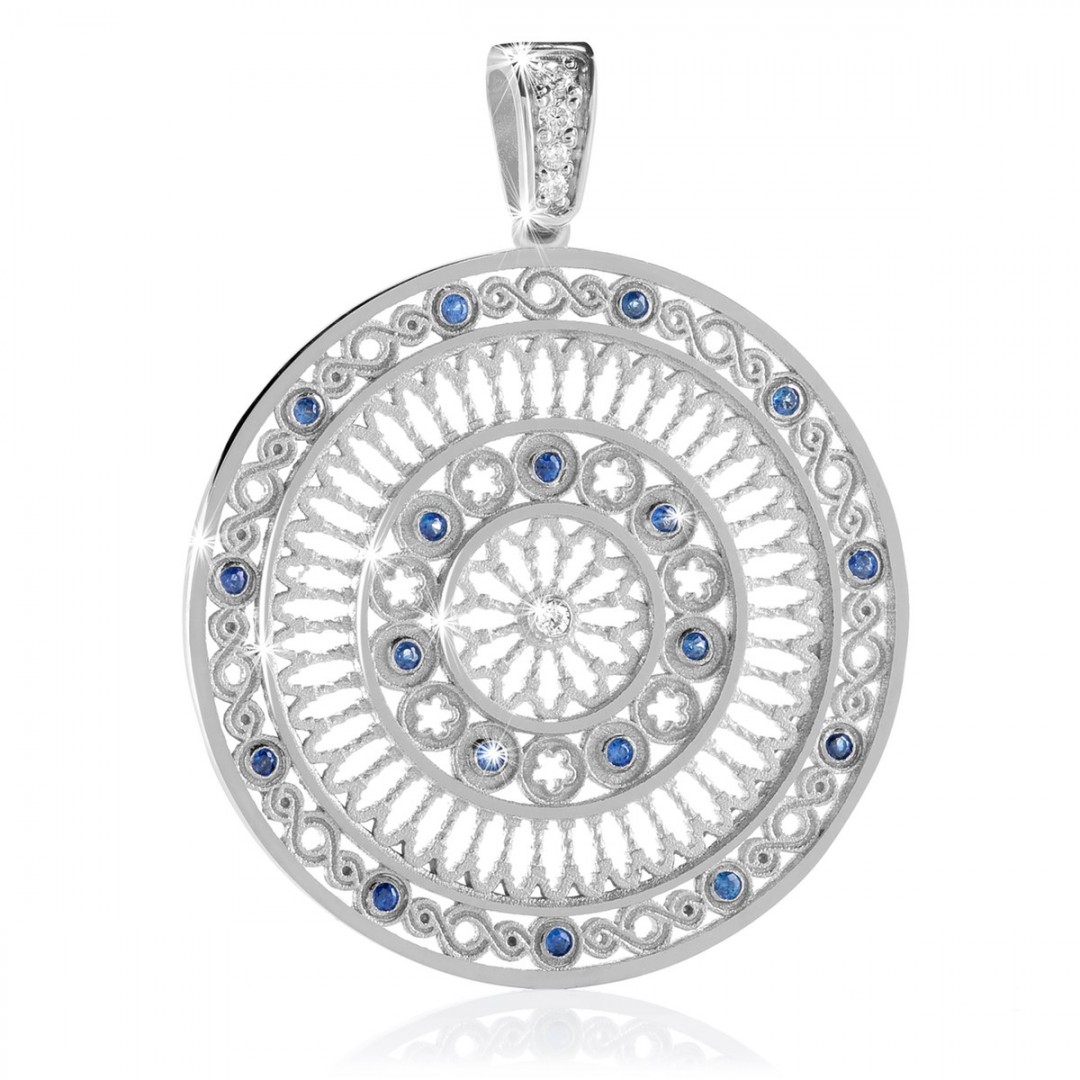 White gold AQUA rose window pendant